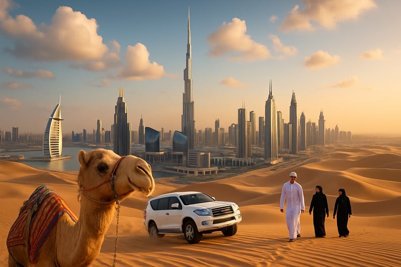 Dubai cityscape with iconic landmarks and desert adventure