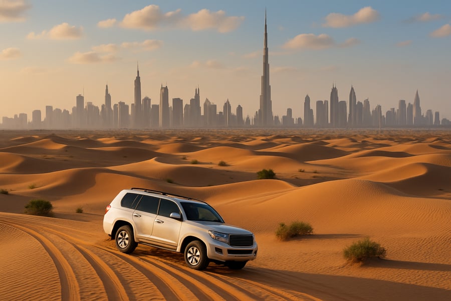 Dubai skyline with Burj Khalifa and desert safari Dubai skyline with Burj Khalifa and desert safari