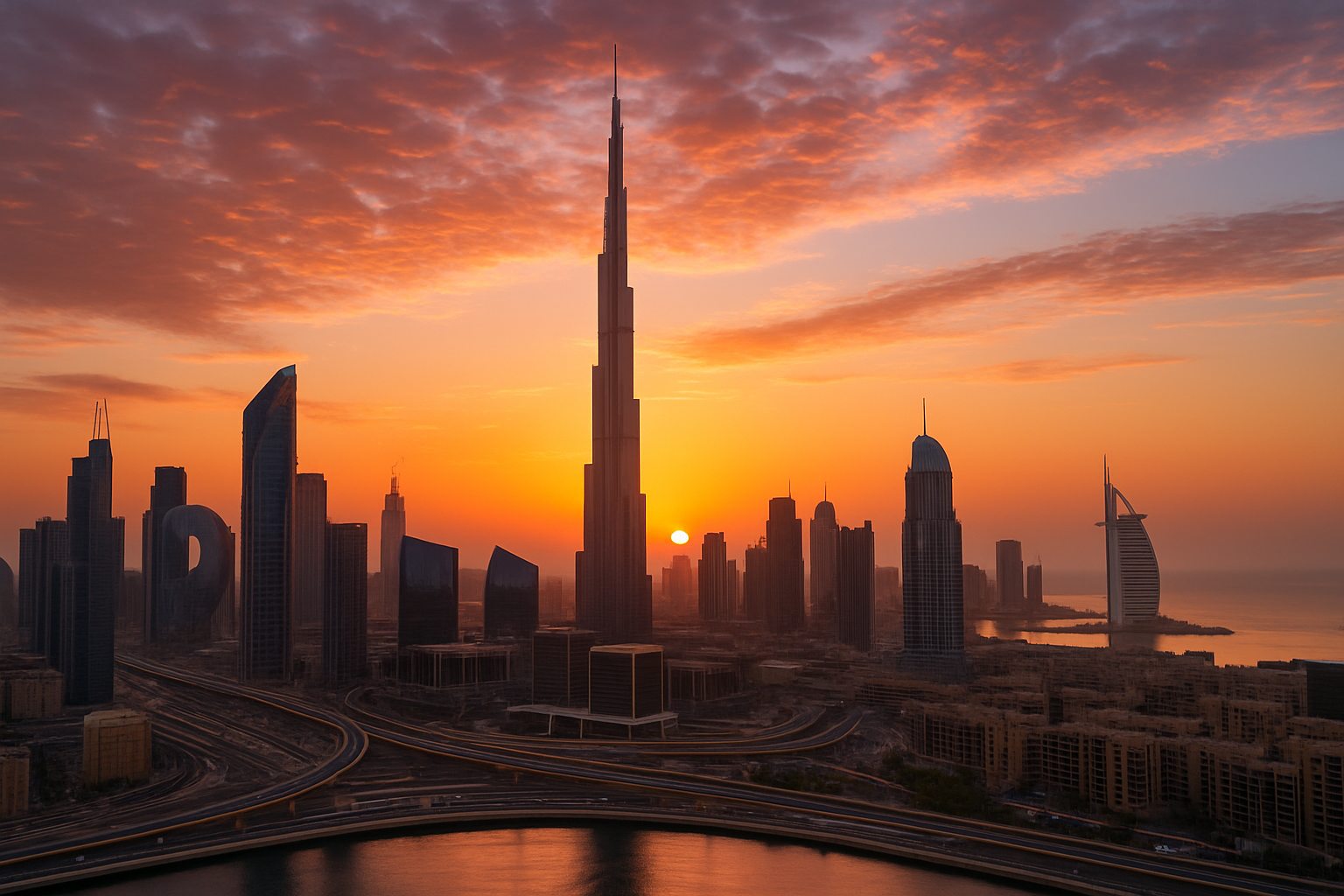 Dubai skyline at sunset with iconic landmarks