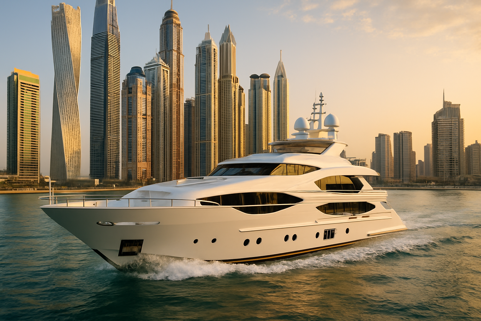 Luxury yacht cruising along the Dubai Marina